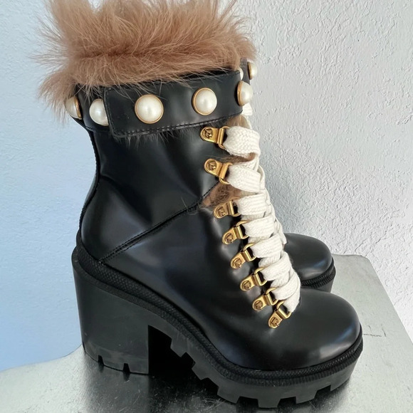 Gucci Trip Black Lace Up Heel Combat Boots with Fur Trim & Pearl Details Size 5 - Picture 9 of 11
